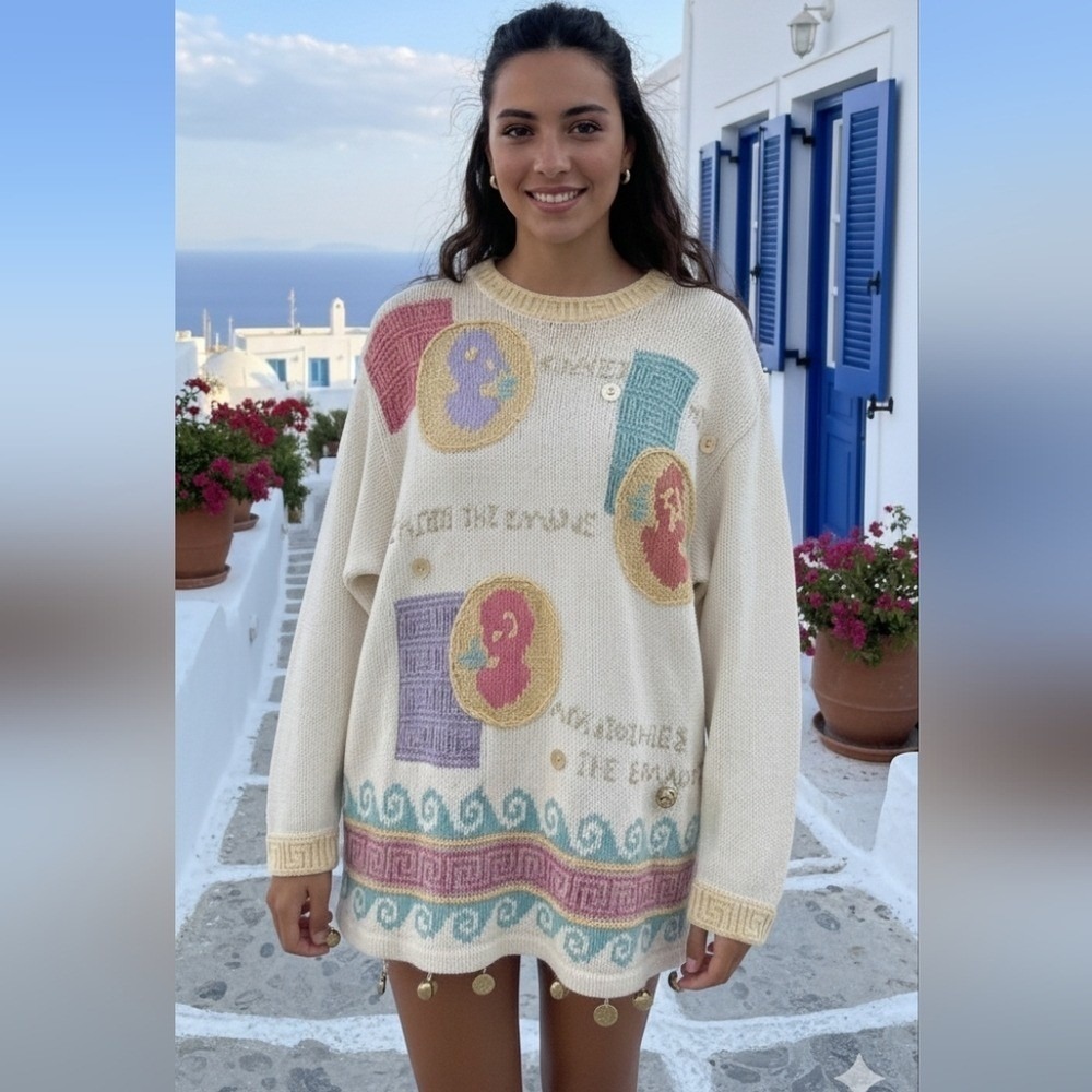 Vintage SK Wear Petite Medium Ivory Greek Greece Motif Patch Coin Tassel Sweater